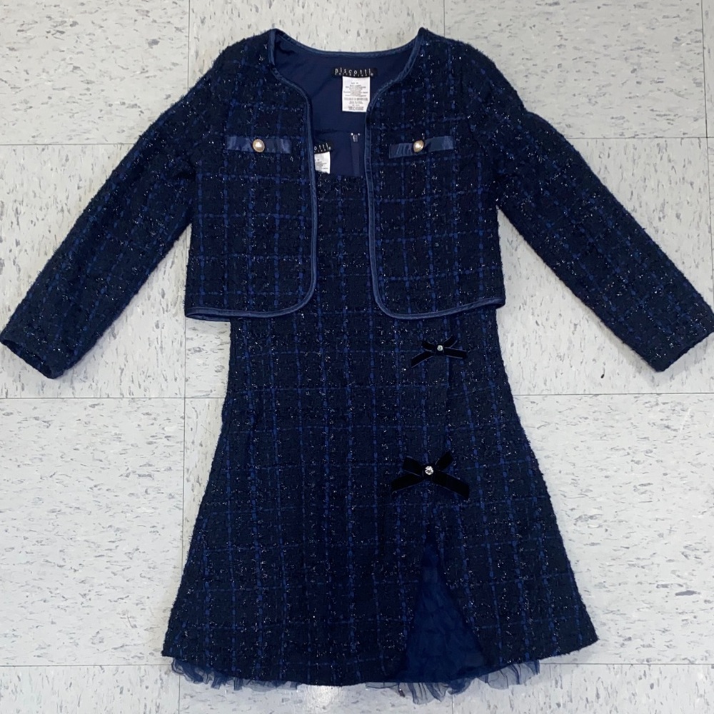 Biscotti Midnight Blue girl dress 6x 6y 6t set with jacket pearls silver